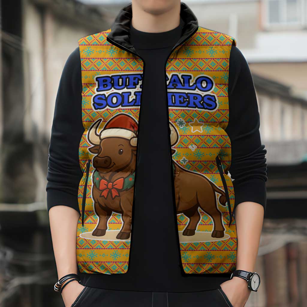 Buffalo Soldiers Christmas Sleeveless Puffer Jacket with Yellow Cartoon Buffalo Santa Hat Design - Wonder Print Shop
