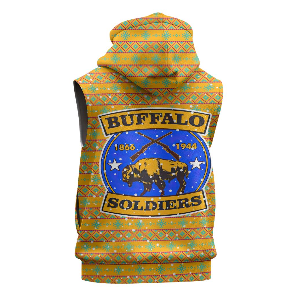 Buffalo Soldiers Christmas Sleeveless Zip Hoodie with Yellow Cartoon Buffalo Santa Hat Design - Wonder Print Shop