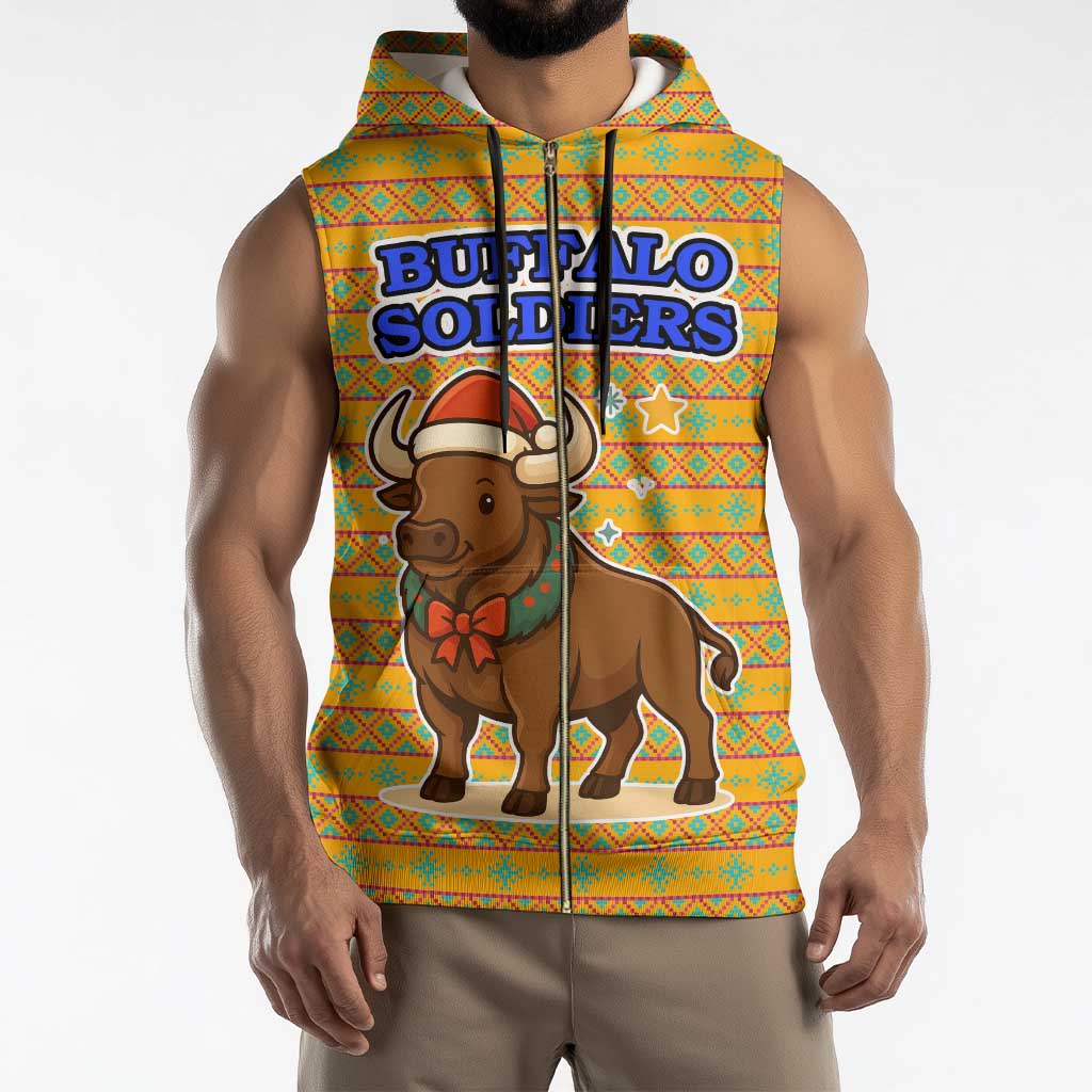 Buffalo Soldiers Christmas Sleeveless Zip Hoodie with Yellow Cartoon Buffalo Santa Hat Design - Wonder Print Shop