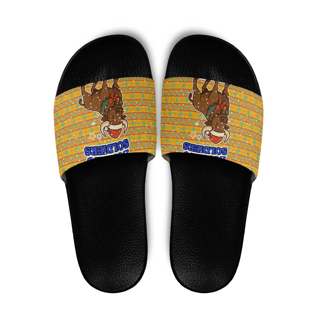 Buffalo Soldiers Christmas Slide Sandals with Yellow Cartoon Buffalo Santa Hat Design - Wonder Print Shop