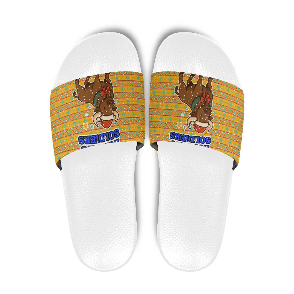 Buffalo Soldiers Christmas Slide Sandals with Yellow Cartoon Buffalo Santa Hat Design - Wonder Print Shop