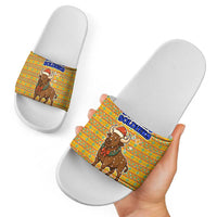 Buffalo Soldiers Christmas Slide Sandals with Yellow Cartoon Buffalo Santa Hat Design - Wonder Print Shop