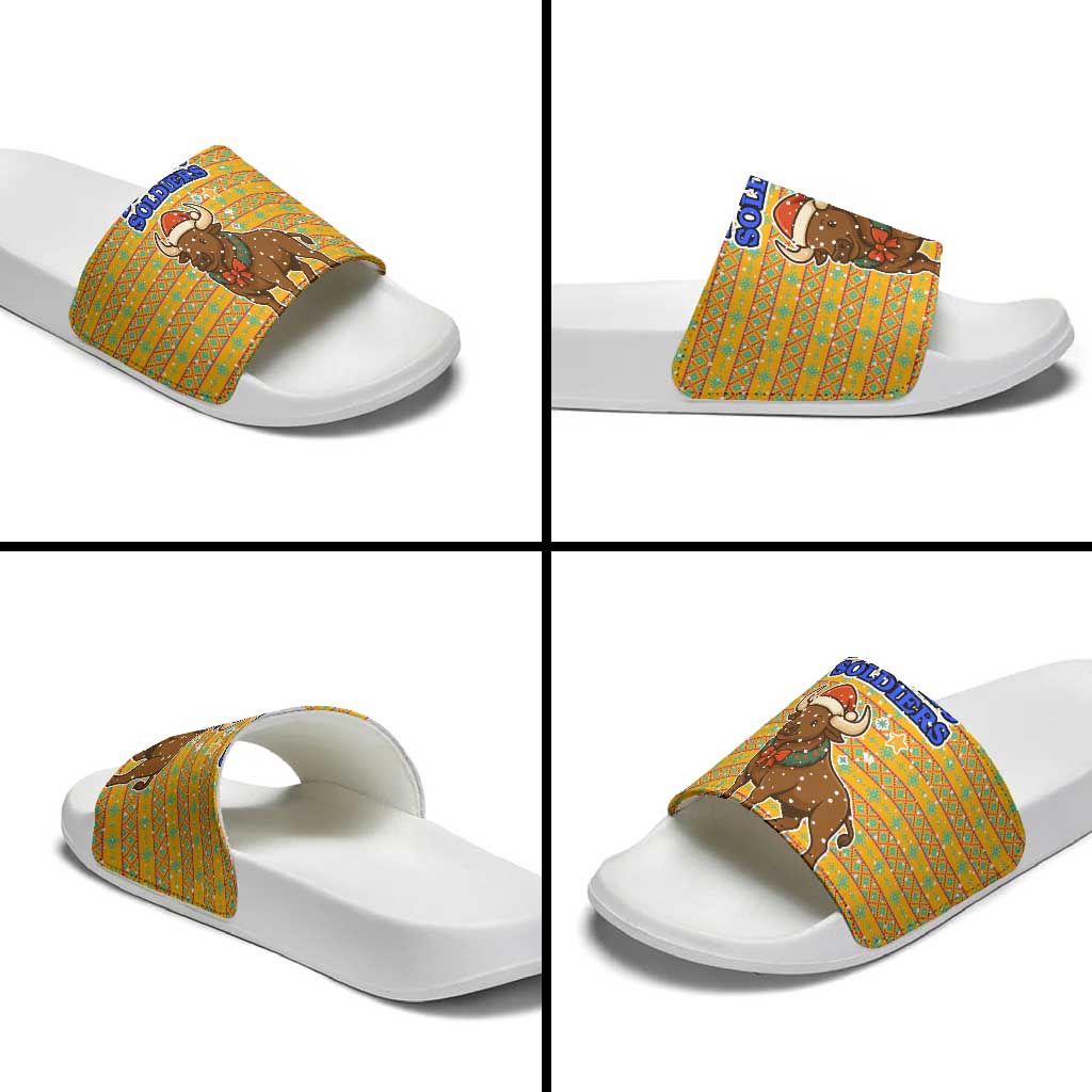 Buffalo Soldiers Christmas Slide Sandals with Yellow Cartoon Buffalo Santa Hat Design - Wonder Print Shop