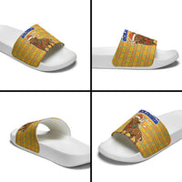 Buffalo Soldiers Christmas Slide Sandals with Yellow Cartoon Buffalo Santa Hat Design - Wonder Print Shop