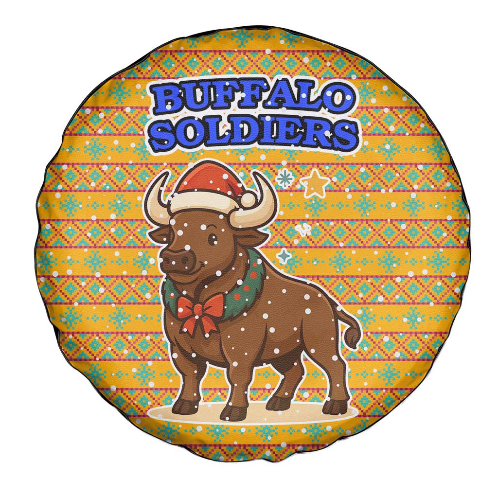 Buffalo Soldiers Christmas Spare Tire Cover with Yellow Cartoon Buffalo Santa Hat Design - Wonder Print Shop