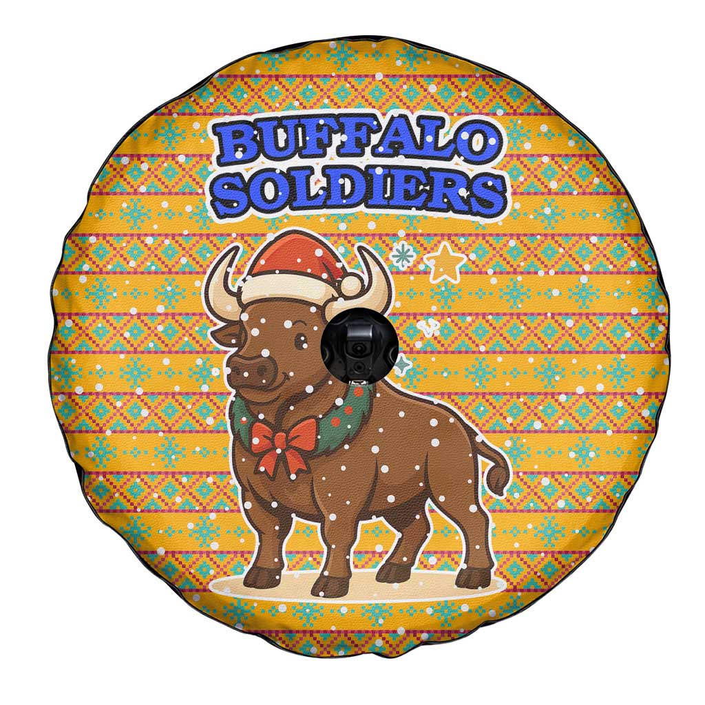 Buffalo Soldiers Christmas Spare Tire Cover with Yellow Cartoon Buffalo Santa Hat Design - Wonder Print Shop