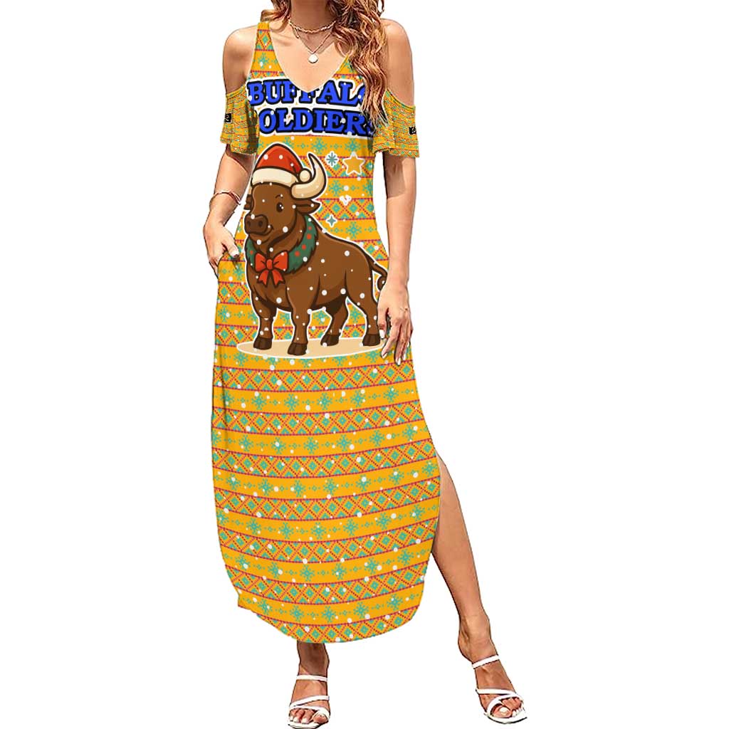 Buffalo Soldiers Christmas Summer Maxi Dress with Yellow Cartoon Buffalo Santa Hat Design - Wonder Print Shop