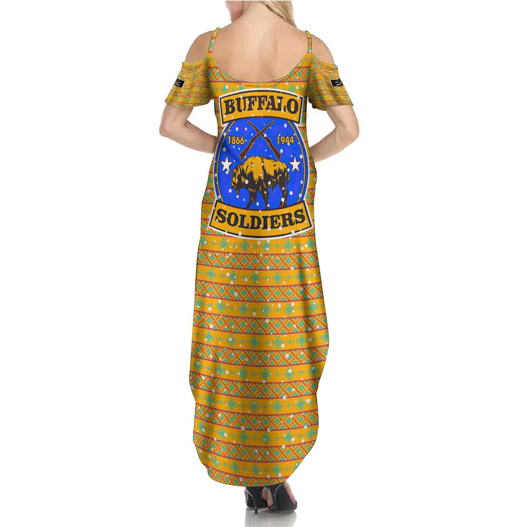 Buffalo Soldiers Christmas Summer Maxi Dress with Yellow Cartoon Buffalo Santa Hat Design - Wonder Print Shop