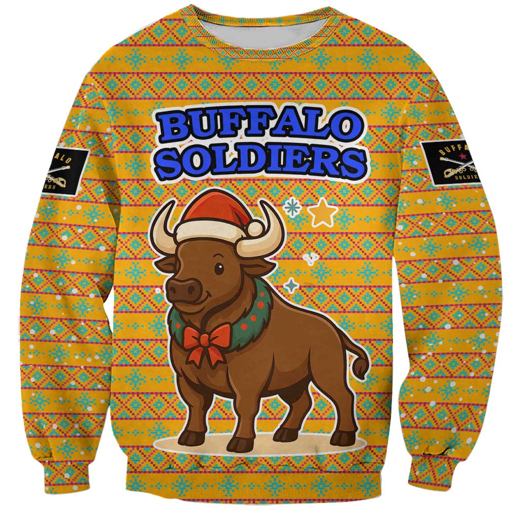 Buffalo Soldiers Christmas Sweatshirt with Yellow Cartoon Buffalo Santa Hat Design - Wonder Print Shop