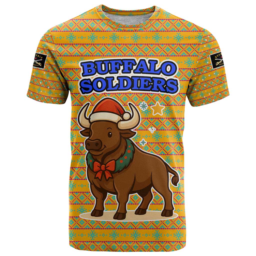 Buffalo Soldiers Christmas T Shirt with Yellow Cartoon Buffalo Santa Hat Design - Wonder Print Shop