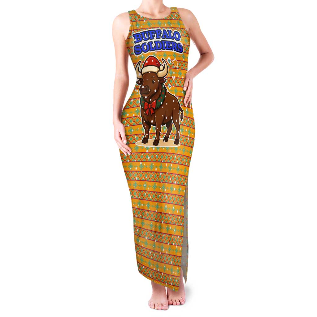 Buffalo Soldiers Christmas Tank Maxi Dress with Yellow Cartoon Buffalo Santa Hat Design - Wonder Print Shop