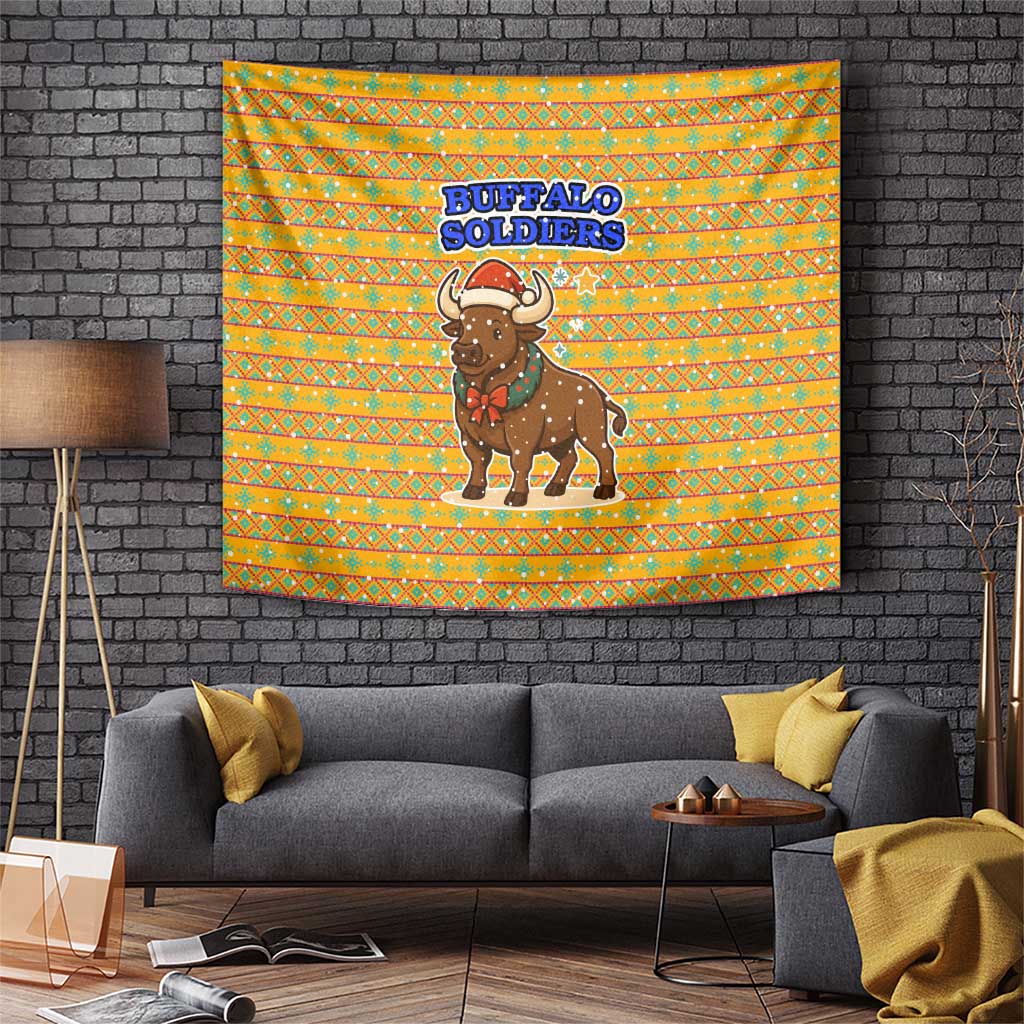Buffalo Soldiers Christmas Tapestry with Yellow Cartoon Buffalo Santa Hat Design - Wonder Print Shop