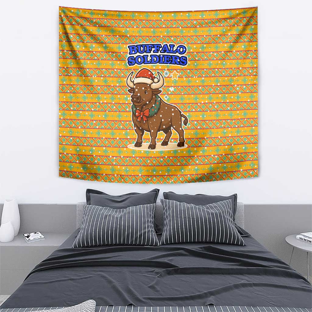 Buffalo Soldiers Christmas Tapestry with Yellow Cartoon Buffalo Santa Hat Design - Wonder Print Shop
