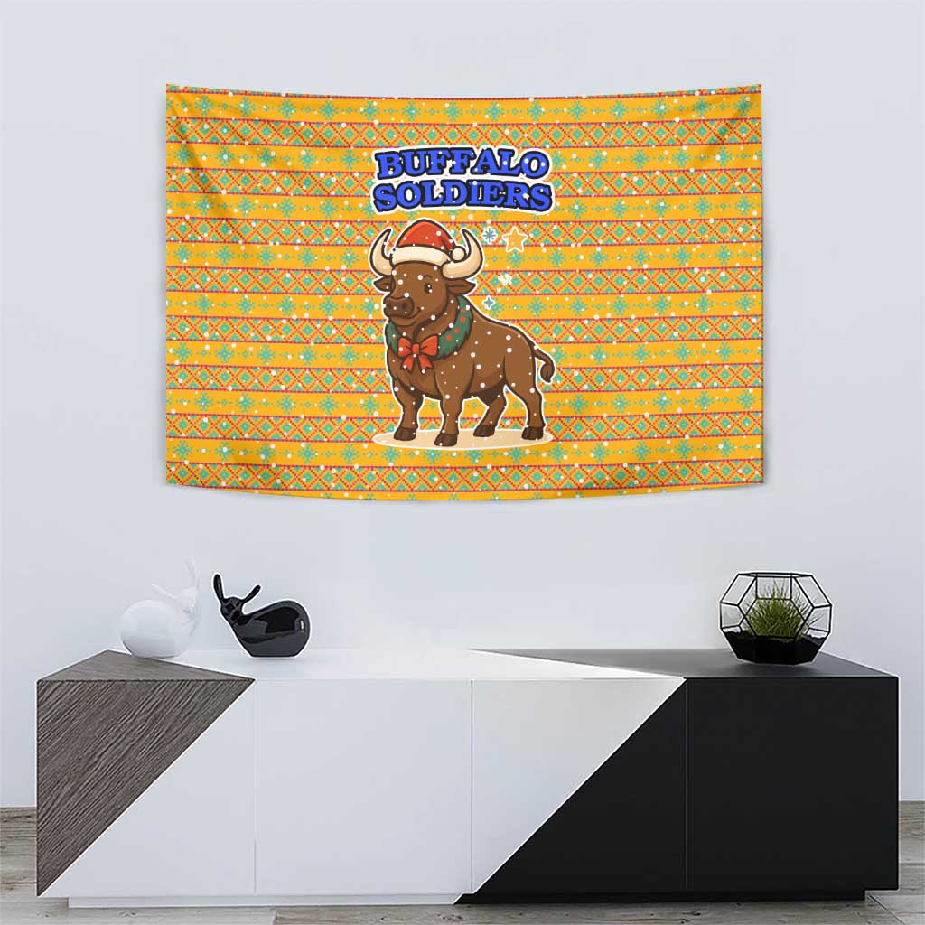 Buffalo Soldiers Christmas Tapestry with Yellow Cartoon Buffalo Santa Hat Design - Wonder Print Shop