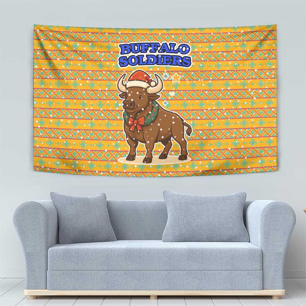 Buffalo Soldiers Christmas Tapestry with Yellow Cartoon Buffalo Santa Hat Design - Wonder Print Shop