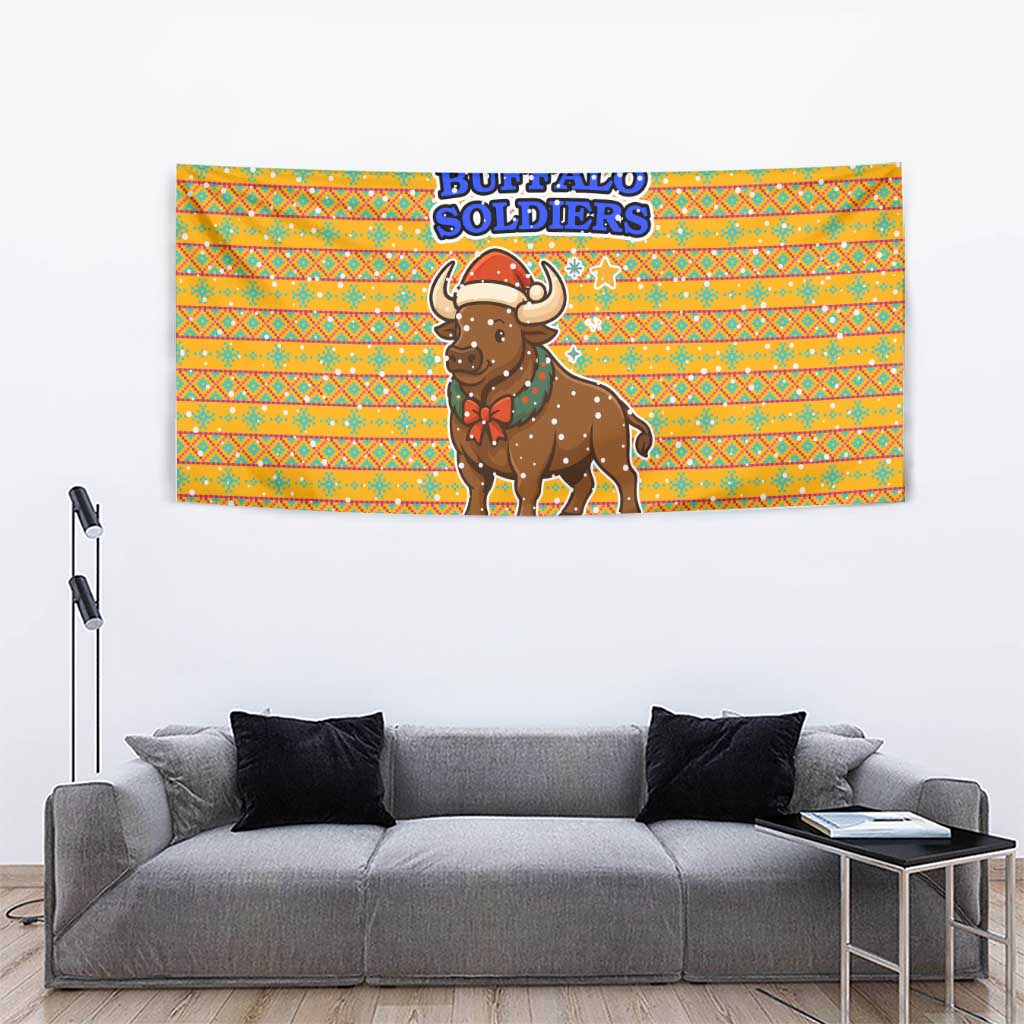 Buffalo Soldiers Christmas Tapestry with Yellow Cartoon Buffalo Santa Hat Design - Wonder Print Shop
