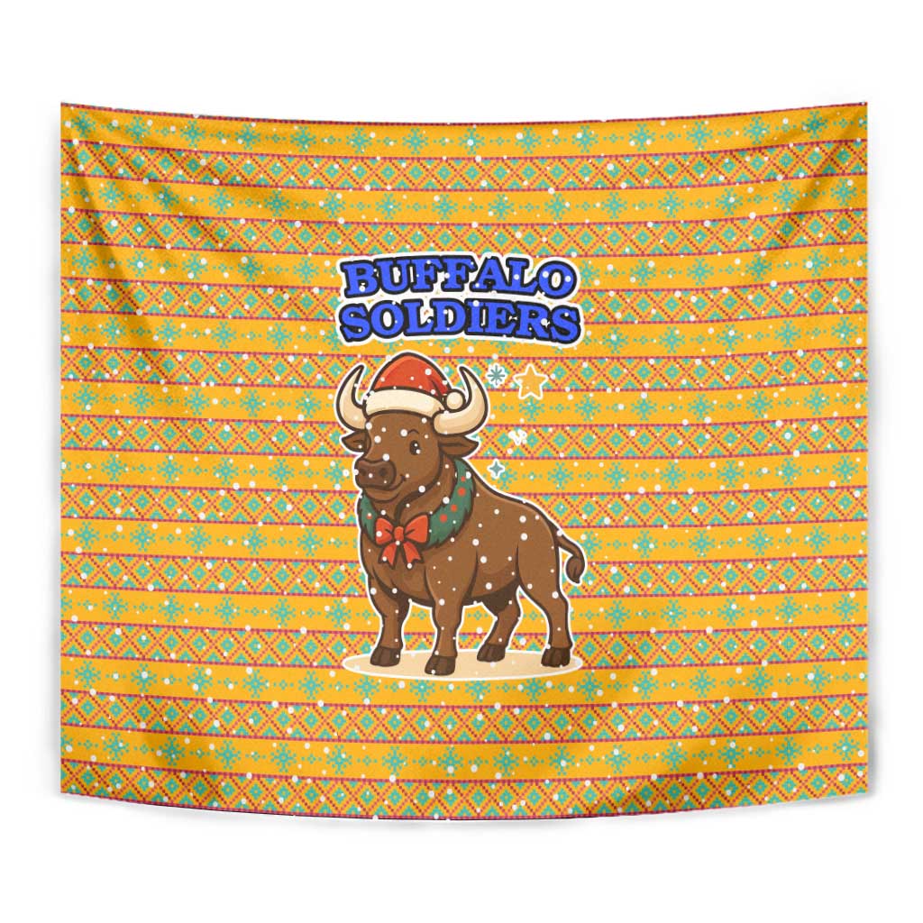 Buffalo Soldiers Christmas Tapestry with Yellow Cartoon Buffalo Santa Hat Design - Wonder Print Shop