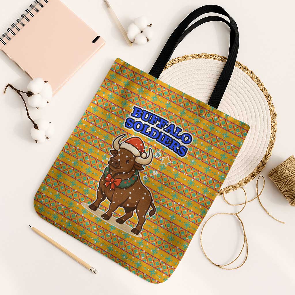 Buffalo Soldiers Christmas Tote Bag with Yellow Cartoon Buffalo Santa Hat Design - Wonder Print Shop