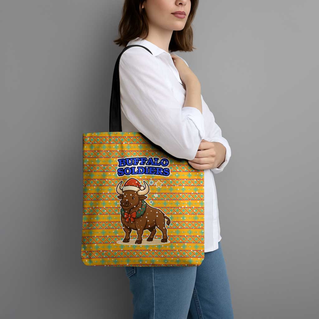 Buffalo Soldiers Christmas Tote Bag with Yellow Cartoon Buffalo Santa Hat Design - Wonder Print Shop