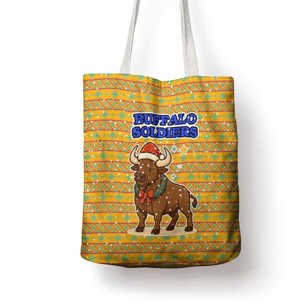 Buffalo Soldiers Christmas Tote Bag with Yellow Cartoon Buffalo Santa Hat Design - Wonder Print Shop