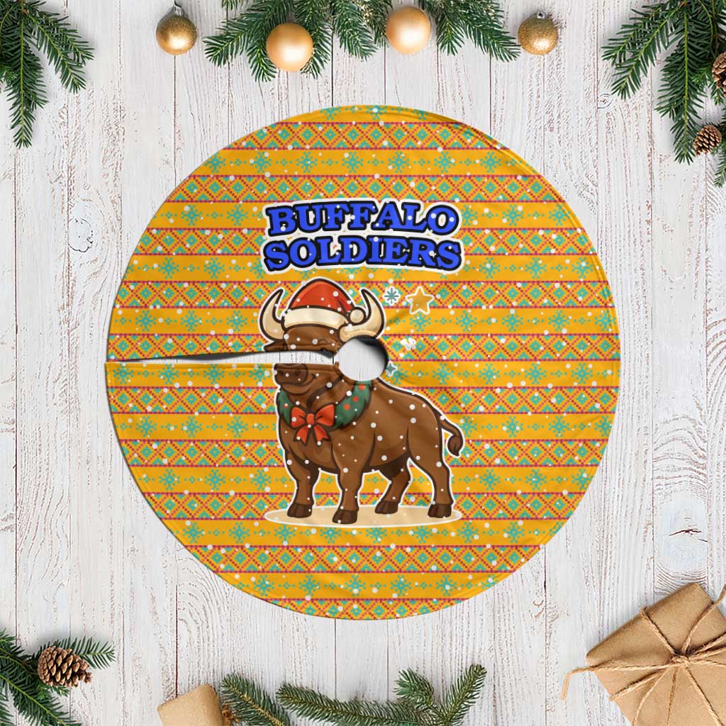 Buffalo Soldiers Christmas Tree Skirt with Yellow Cartoon Buffalo Santa Hat Design - Wonder Print Shop