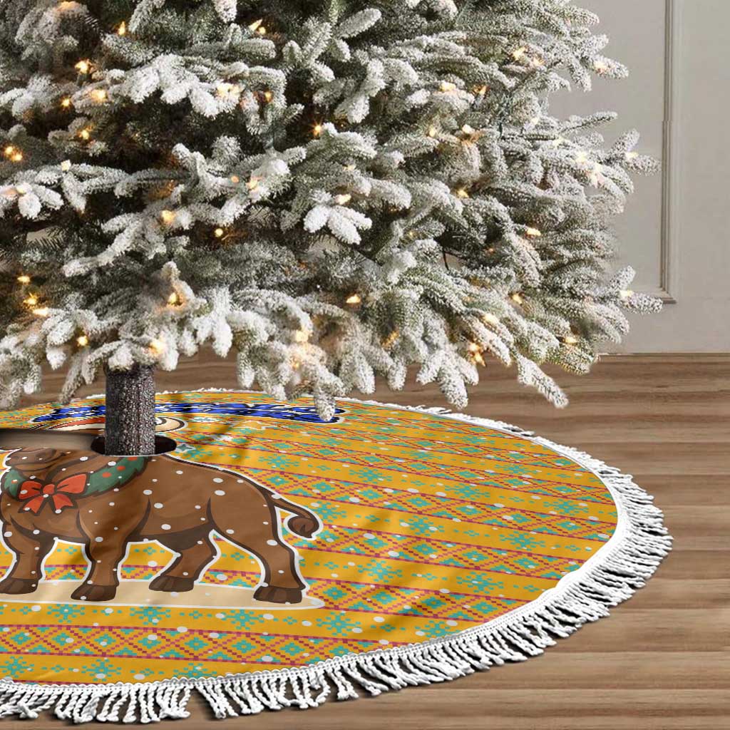 Buffalo Soldiers Christmas Tree Skirt with Yellow Cartoon Buffalo Santa Hat Design - Wonder Print Shop