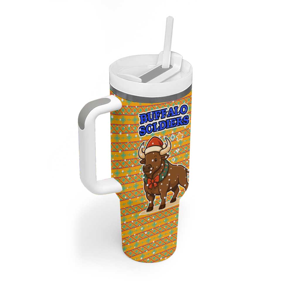 Buffalo Soldiers Christmas Tumbler With Handle with Yellow Cartoon Buffalo Santa Hat Design - Wonder Print Shop
