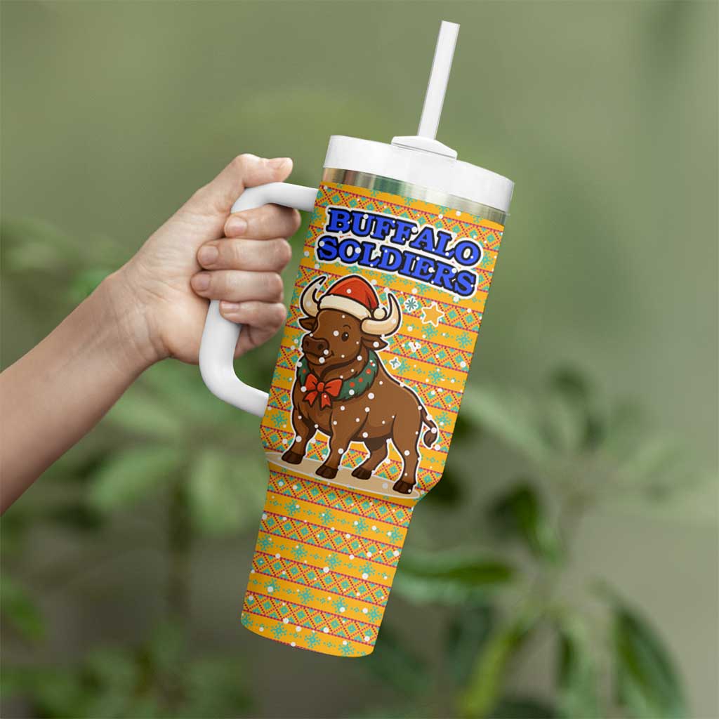 Buffalo Soldiers Christmas Tumbler With Handle with Yellow Cartoon Buffalo Santa Hat Design - Wonder Print Shop