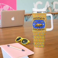 Buffalo Soldiers Christmas Tumbler With Handle with Yellow Cartoon Buffalo Santa Hat Design - Wonder Print Shop
