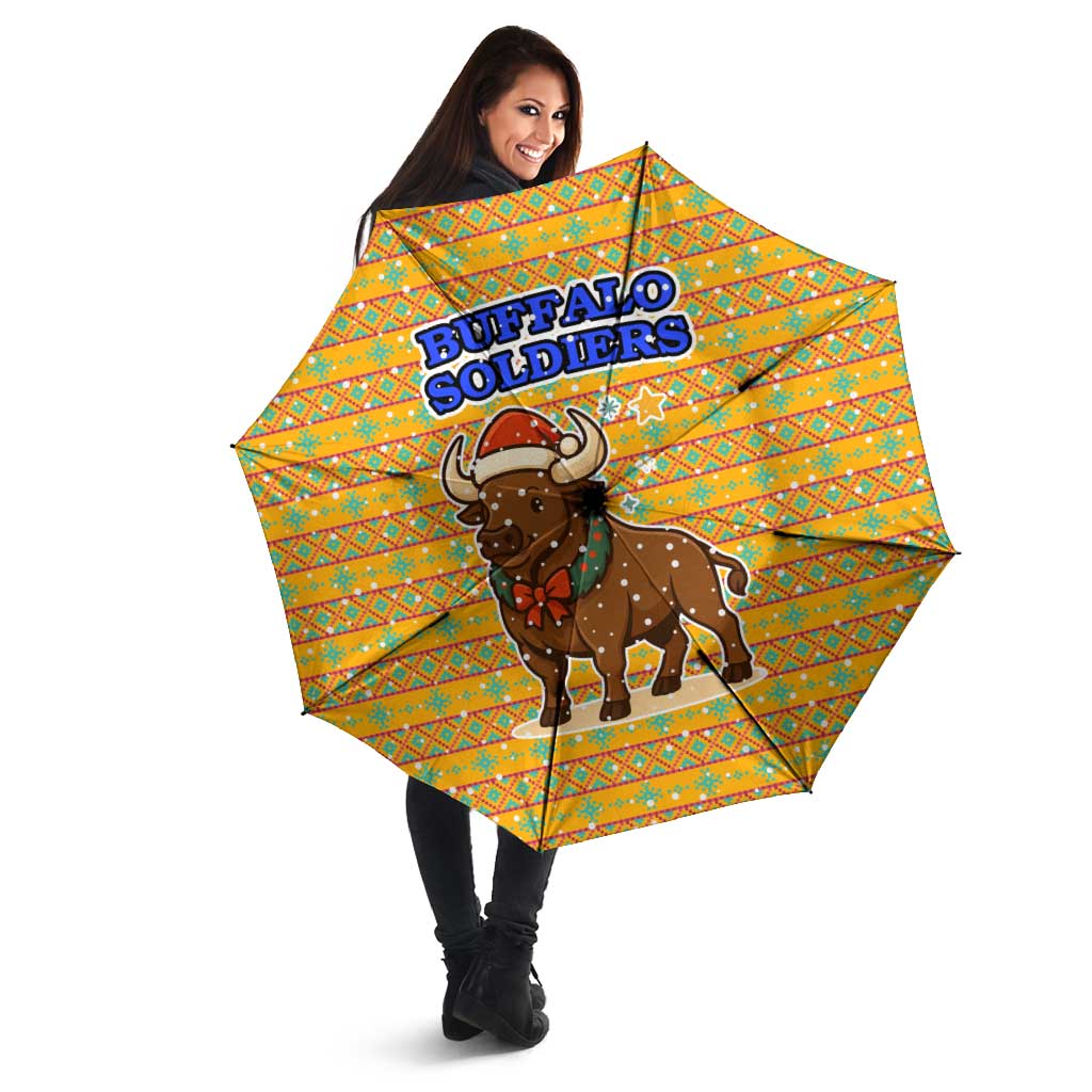 Buffalo Soldiers Christmas Umbrella with Yellow Cartoon Buffalo Santa Hat Design - Wonder Print Shop