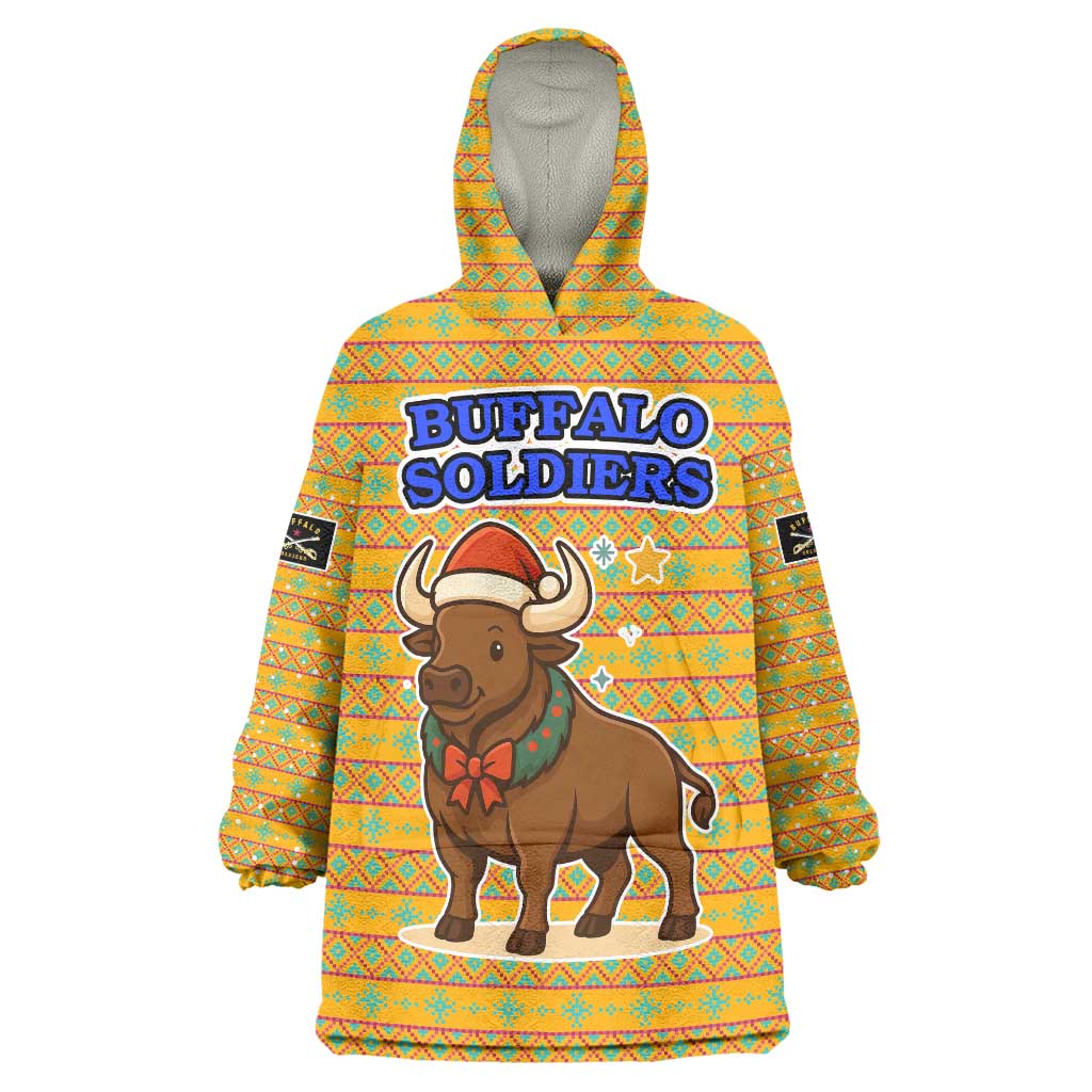 Buffalo Soldiers Christmas Wearable Blanket Hoodie with Yellow Cartoon Buffalo Santa Hat Design - Wonder Print Shop