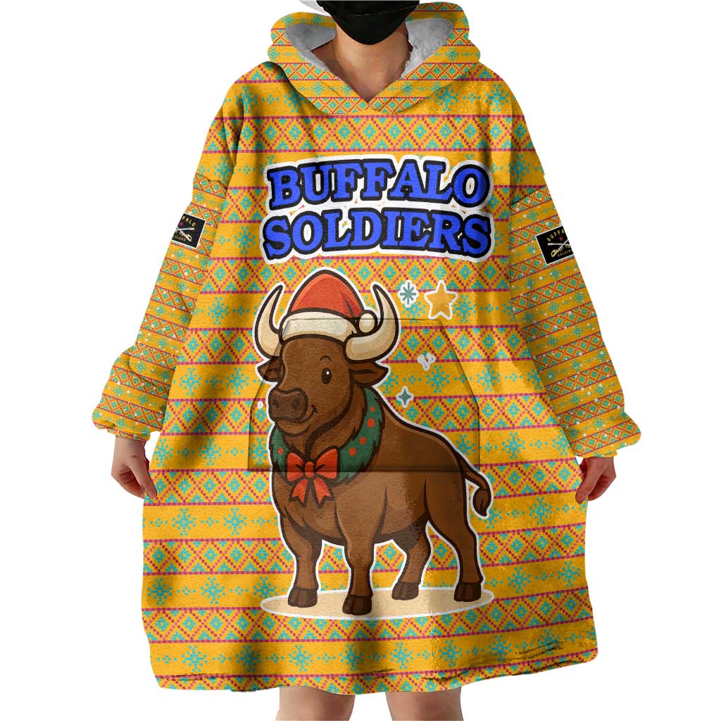 Buffalo Soldiers Christmas Wearable Blanket Hoodie with Yellow Cartoon Buffalo Santa Hat Design - Wonder Print Shop