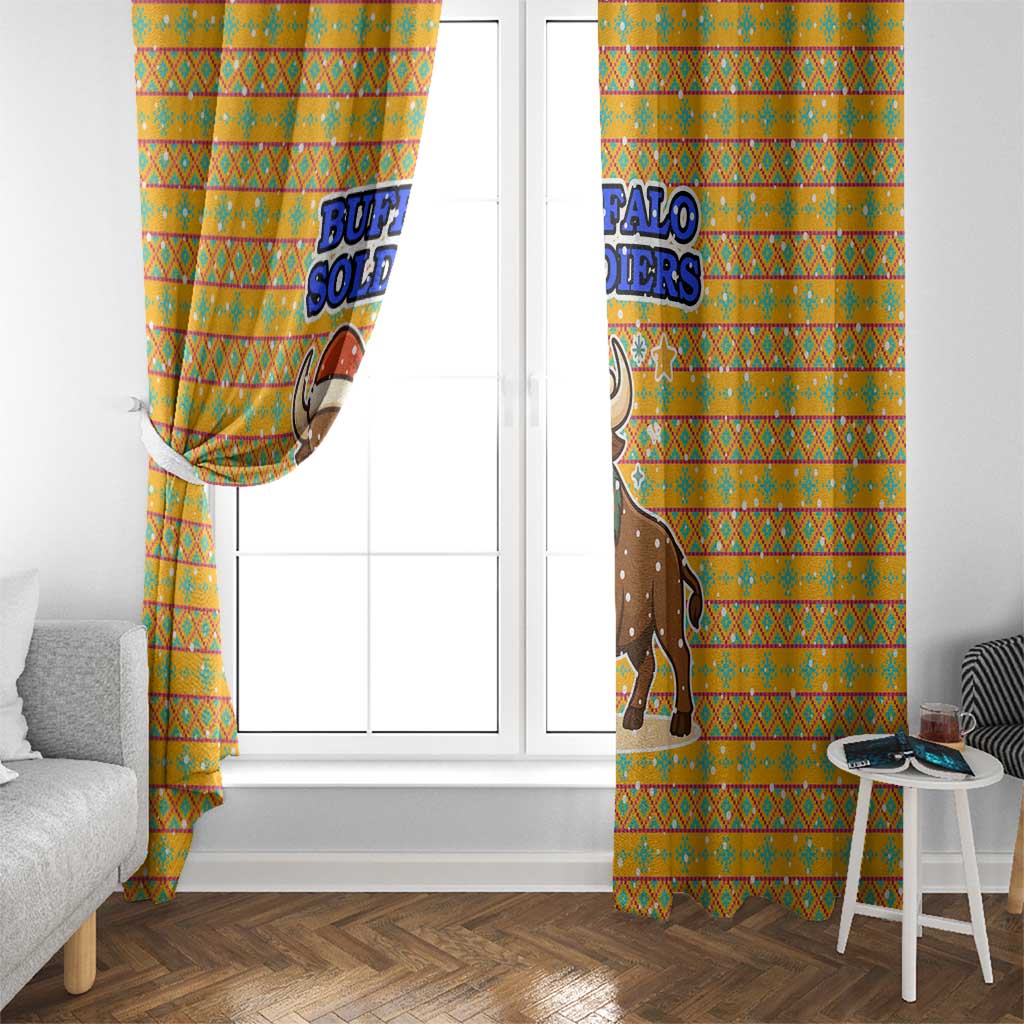 Buffalo Soldiers Christmas Window Curtain with Yellow Cartoon Buffalo Santa Hat Design - Wonder Print Shop