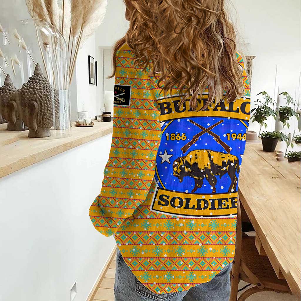 Buffalo Soldiers Christmas Women Casual Shirt with Yellow Cartoon Buffalo Santa Hat Design - Wonder Print Shop