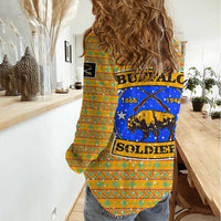 Buffalo Soldiers Christmas Women Casual Shirt with Yellow Cartoon Buffalo Santa Hat Design - Wonder Print Shop