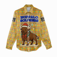 Buffalo Soldiers Christmas Women Casual Shirt with Yellow Cartoon Buffalo Santa Hat Design - Wonder Print Shop