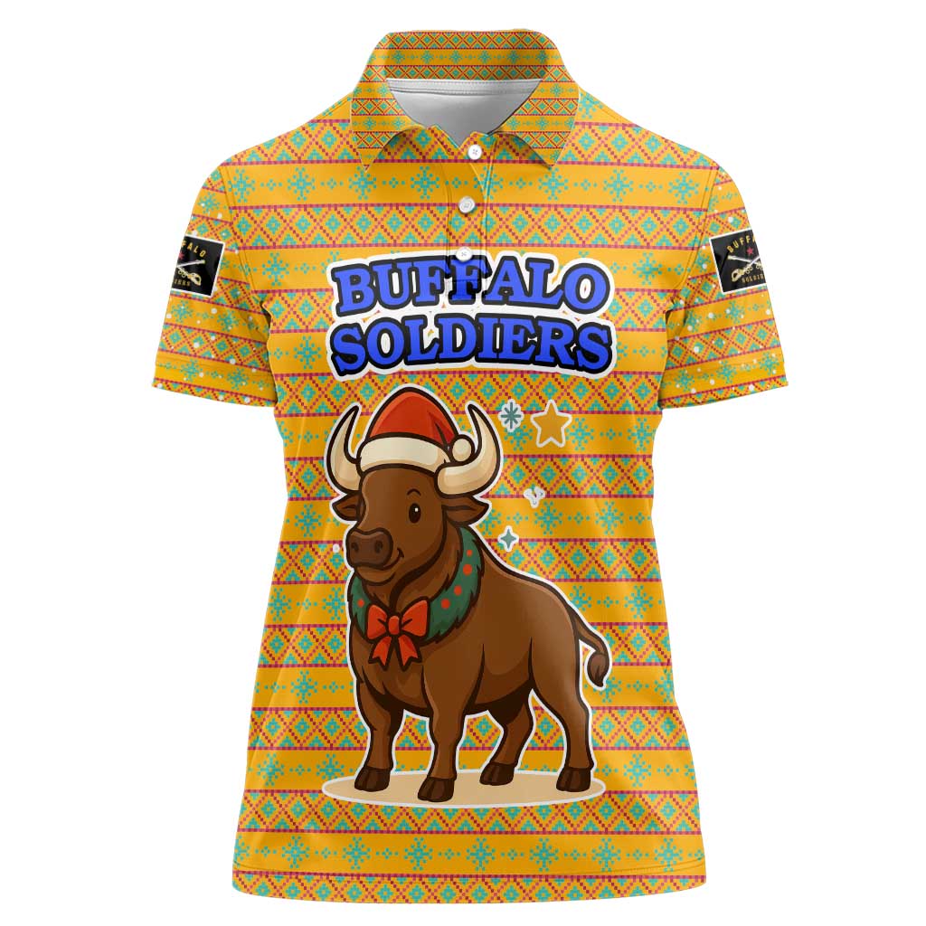 Buffalo Soldiers Christmas Women Polo Shirt with Yellow Cartoon Buffalo Santa Hat Design - Wonder Print Shop