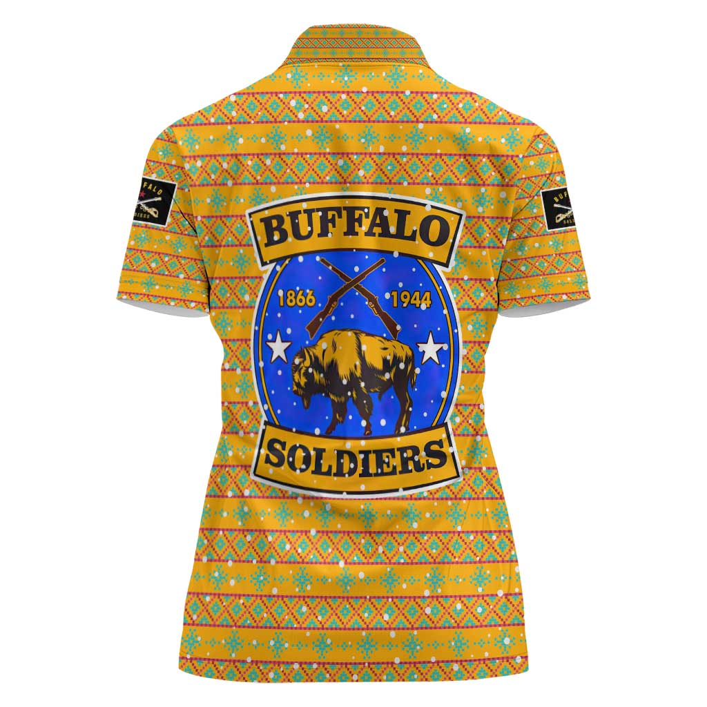 Buffalo Soldiers Christmas Women Polo Shirt with Yellow Cartoon Buffalo Santa Hat Design - Wonder Print Shop