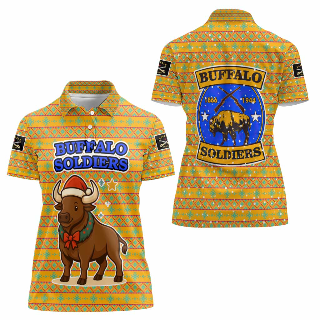 Buffalo Soldiers Christmas Women Polo Shirt with Yellow Cartoon Buffalo Santa Hat Design - Wonder Print Shop