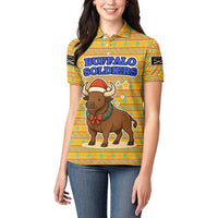 Buffalo Soldiers Christmas Women Polo Shirt with Yellow Cartoon Buffalo Santa Hat Design - Wonder Print Shop