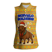 Buffalo Soldiers Christmas Women Sleeveless Polo Shirt with Yellow Cartoon Buffalo Santa Hat Design - Wonder Print Shop