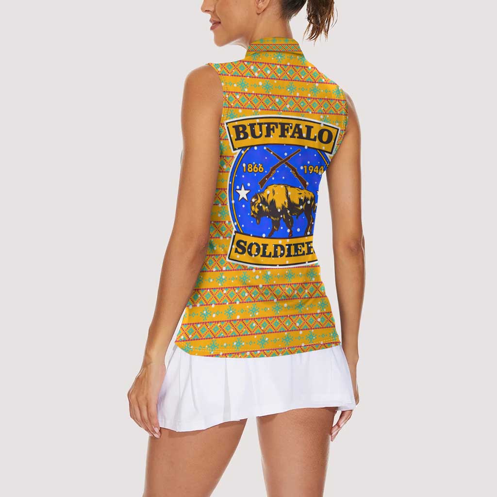 Buffalo Soldiers Christmas Women Sleeveless Polo Shirt with Yellow Cartoon Buffalo Santa Hat Design - Wonder Print Shop