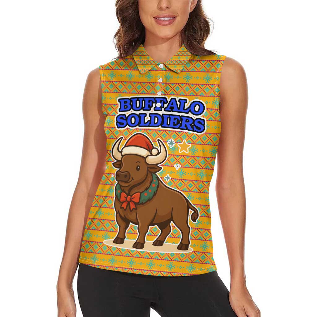 Buffalo Soldiers Christmas Women Sleeveless Polo Shirt with Yellow Cartoon Buffalo Santa Hat Design - Wonder Print Shop