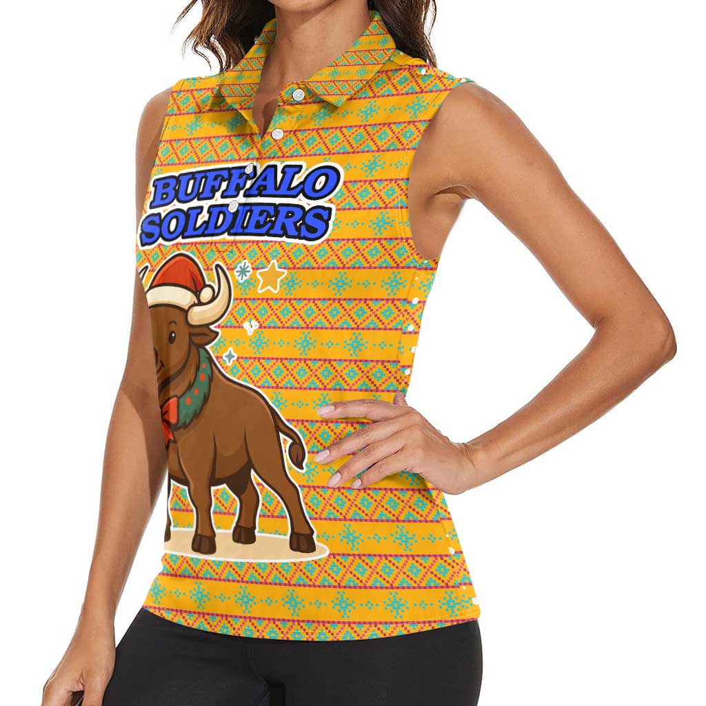 Buffalo Soldiers Christmas Women Sleeveless Polo Shirt with Yellow Cartoon Buffalo Santa Hat Design - Wonder Print Shop