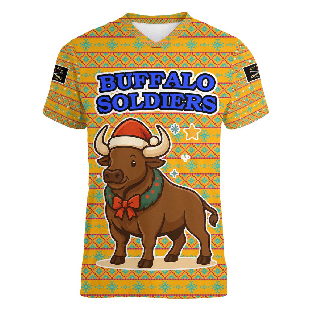 Buffalo Soldiers Christmas Women V-Neck T-Shirt with Yellow Cartoon Buffalo Santa Hat Design - Wonder Print Shop