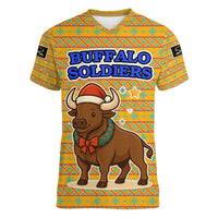 Buffalo Soldiers Christmas Women V-Neck T-Shirt with Yellow Cartoon Buffalo Santa Hat Design - Wonder Print Shop