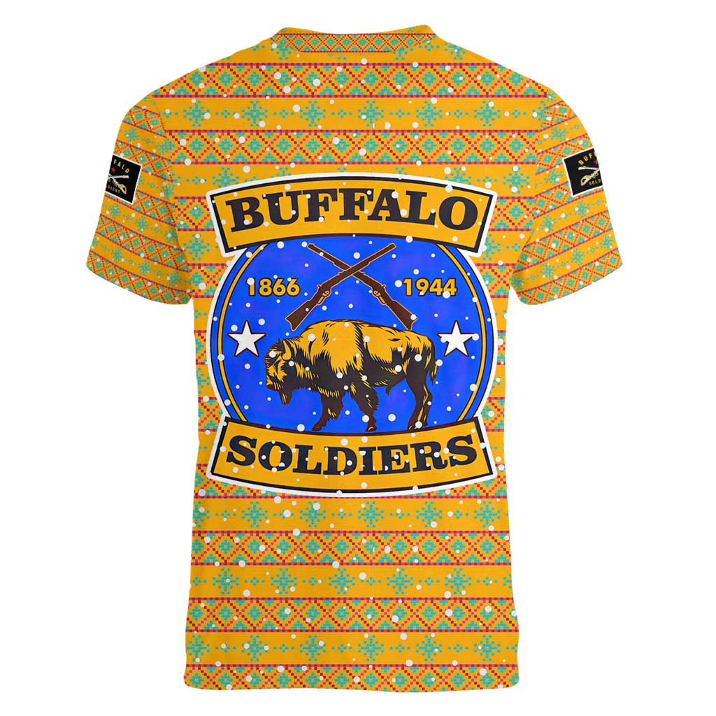 Buffalo Soldiers Christmas Women V-Neck T-Shirt with Yellow Cartoon Buffalo Santa Hat Design - Wonder Print Shop