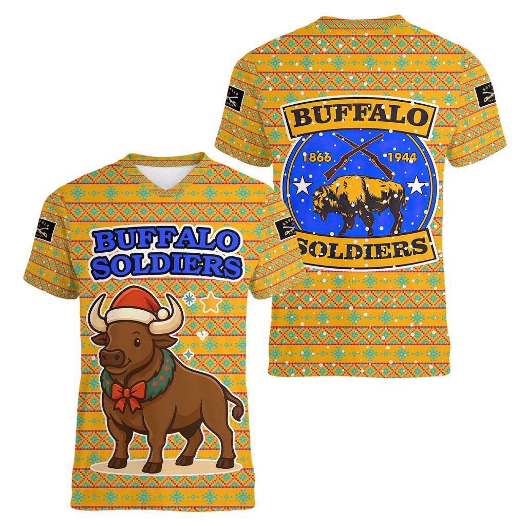 Buffalo Soldiers Christmas Women V-Neck T-Shirt with Yellow Cartoon Buffalo Santa Hat Design - Wonder Print Shop