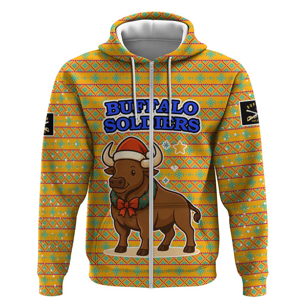 Buffalo Soldiers Christmas Zip Hoodie with Yellow Cartoon Buffalo Santa Hat Design - Wonder Print Shop