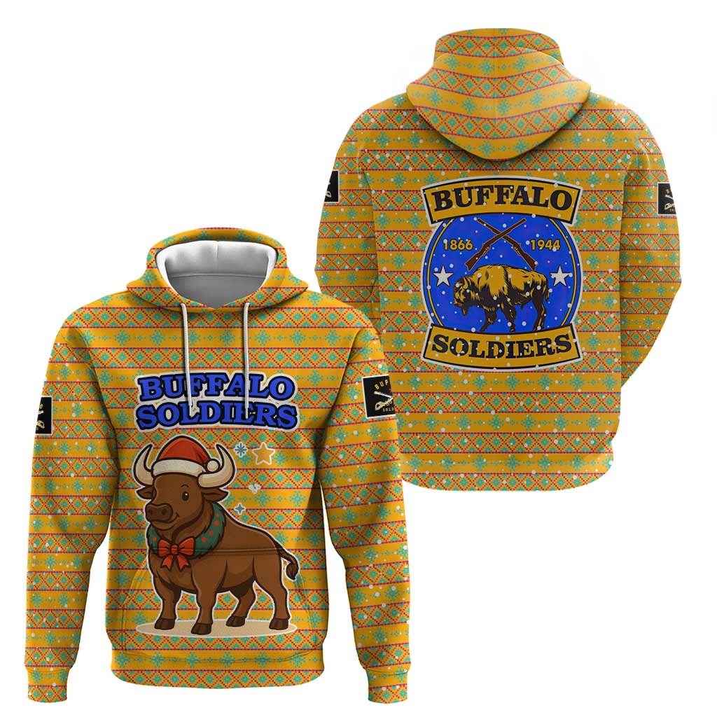 Buffalo Soldiers Christmas Zip Hoodie with Yellow Cartoon Buffalo Santa Hat Design - Wonder Print Shop
